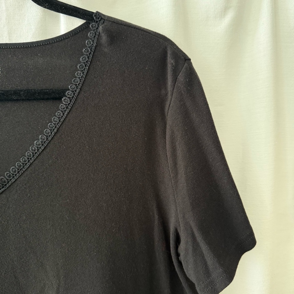 Basic Editions Black V-Neck Tee with Lace Trim